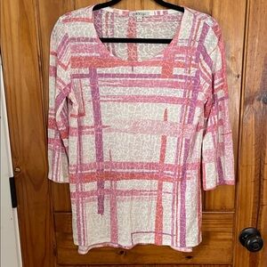 Orvis Pink White purple plaid striped 3/4 sleeve knit top lightweight XS cotton